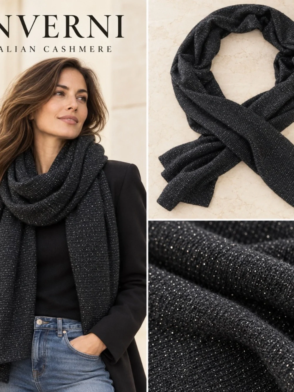Inverni Black Cashmere Silver Metallic Scarf Made in Italy